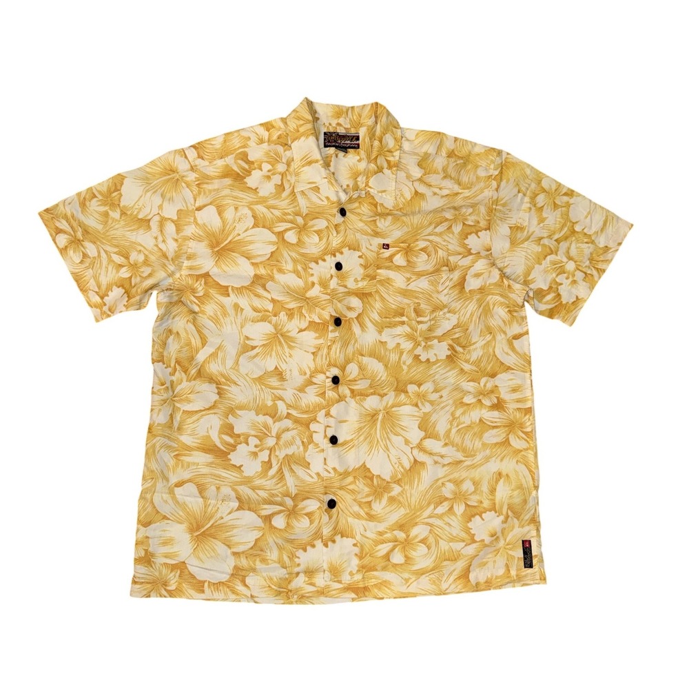 Quiksilver Button Up Shirt Mens XL Yellow Floral Hawaiian Boardriding S109656